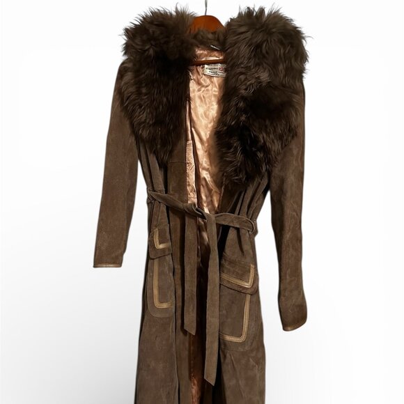 Vintage Long Brown Leather & Suede Coat w/ Lamb Fur Trim – Suede Belt - Picture 4 of 8